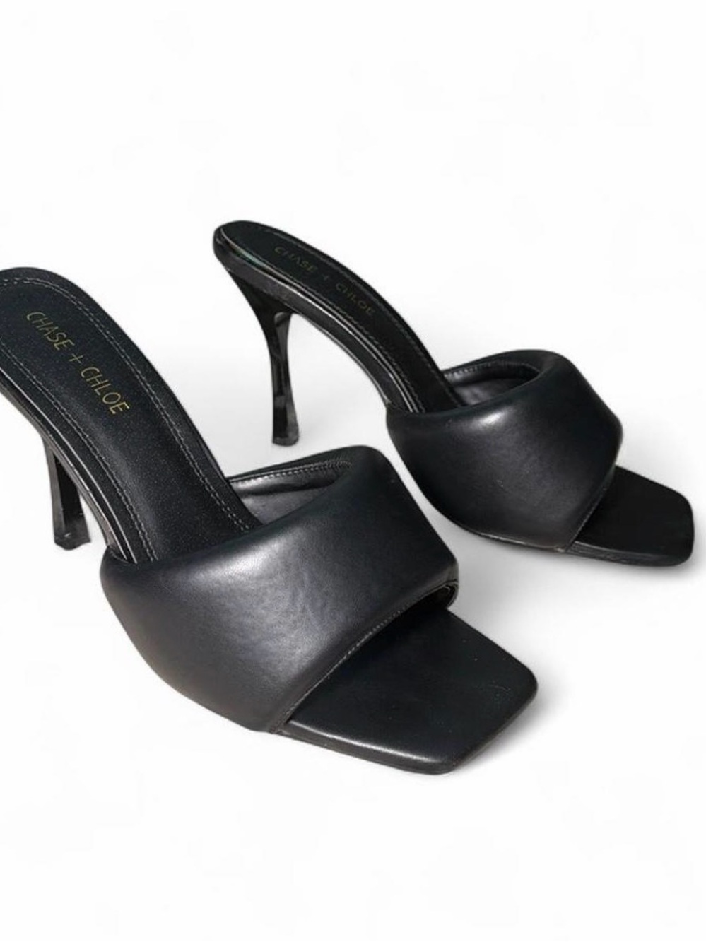Chase + Chloe Black Leather Square-Toe Stiletto Mules